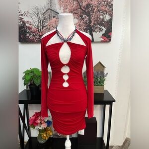 Women’s Bodycon Ruched Mesh Mini Dress Small Long Sleeve backless Zipper Back